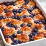 Delicious blueberry French toast casserole topped with fresh blueberries.