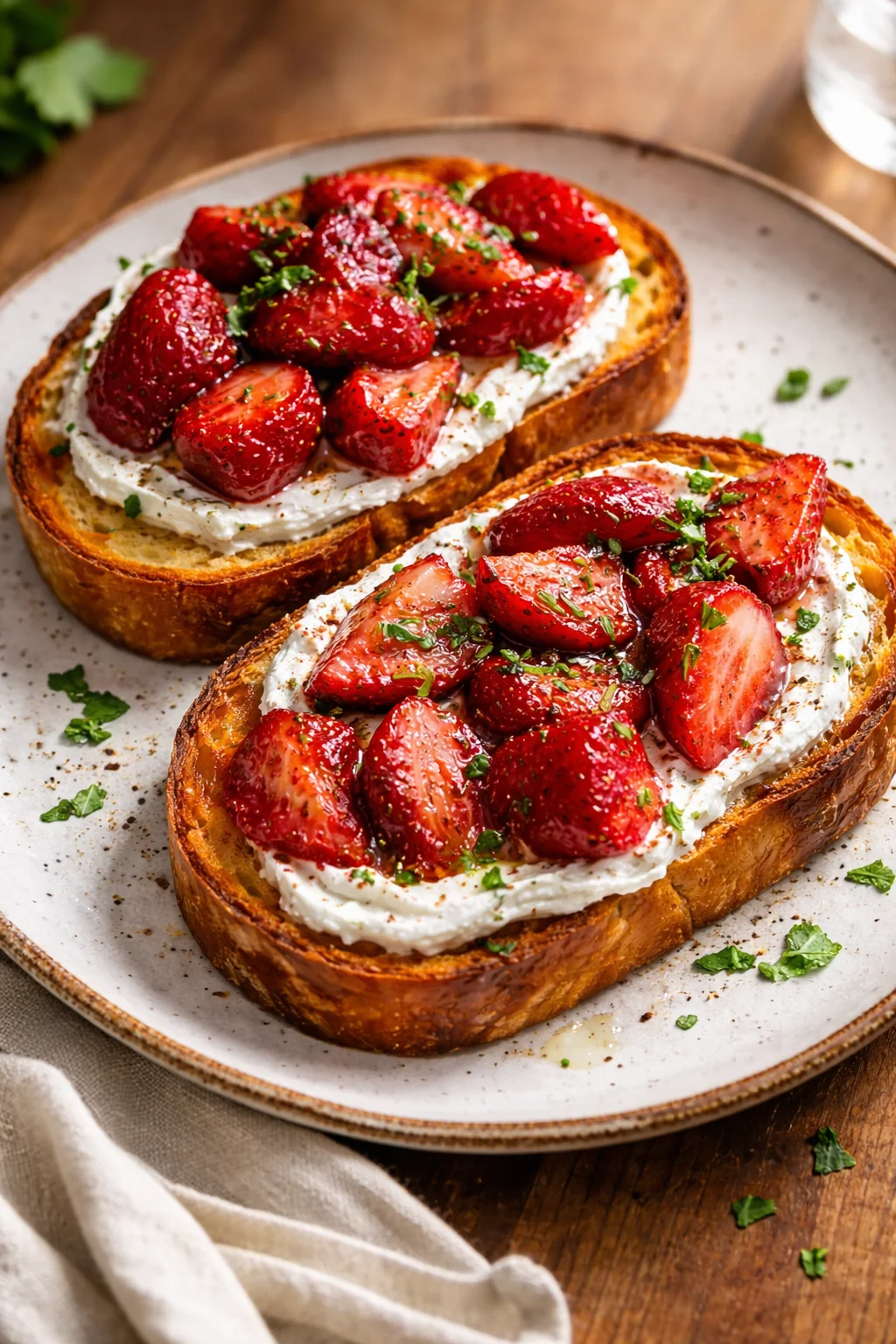 Delicious roasted strawberry whipped ricotta toast topped with fresh strawberries