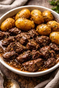 Slow Cooker Garlic Butter Beef Bites served on a platter