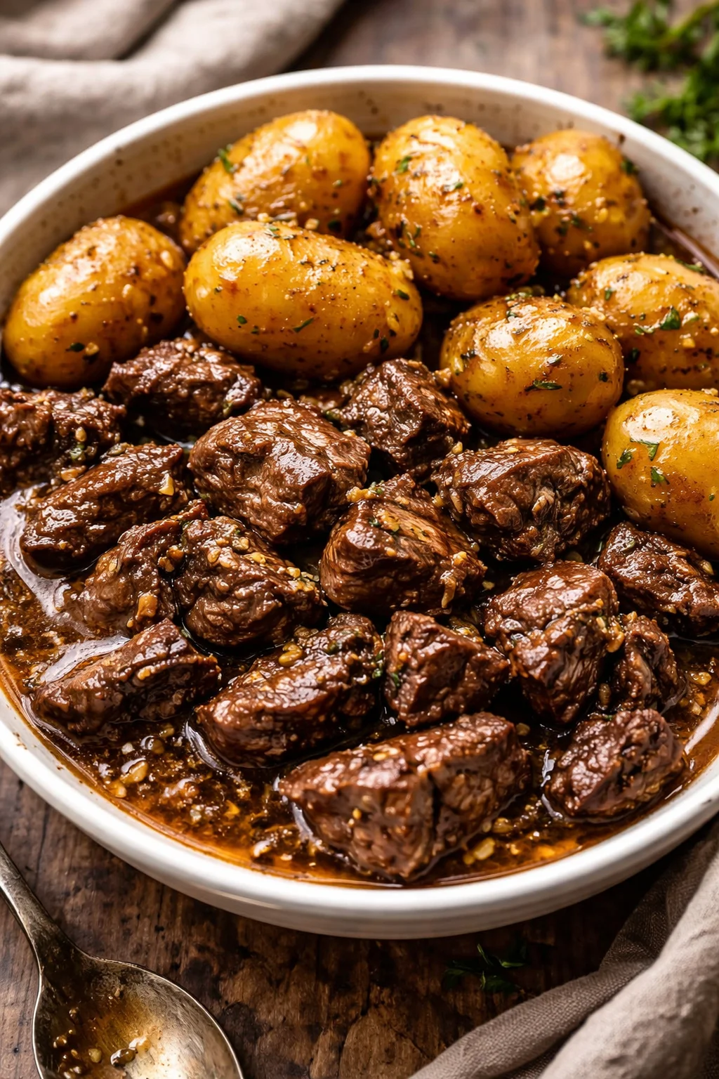 Slow Cooker Garlic Butter Beef Bites served on a platter
