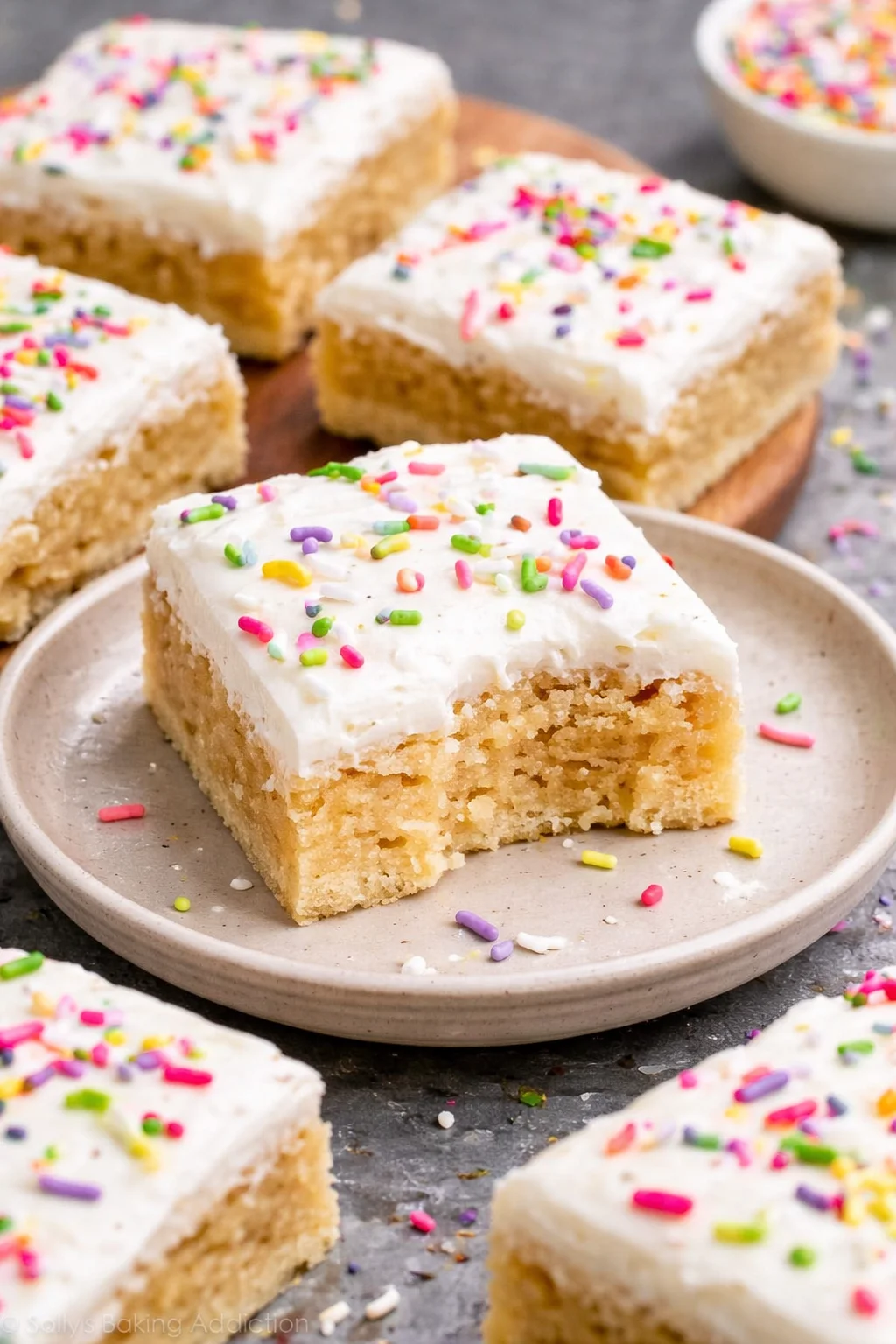 Delicious soft and chewy sugar cookie bars on a plate