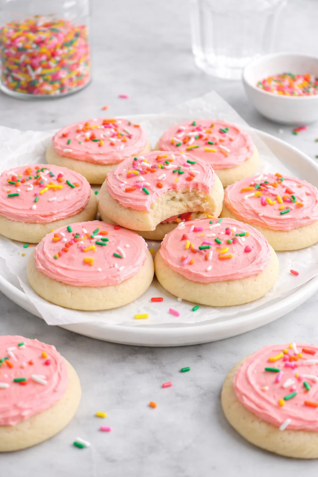 Delicious soft frosted sugar cookies on a plate with colorful sprinkles
