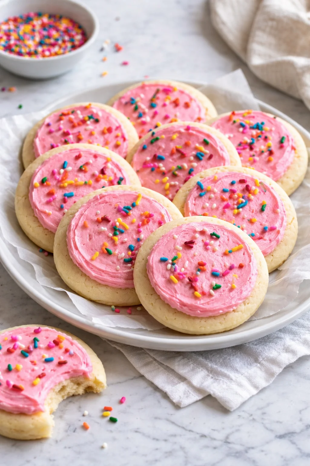 Delicious soft frosted sugar cookies with colorful icing on top