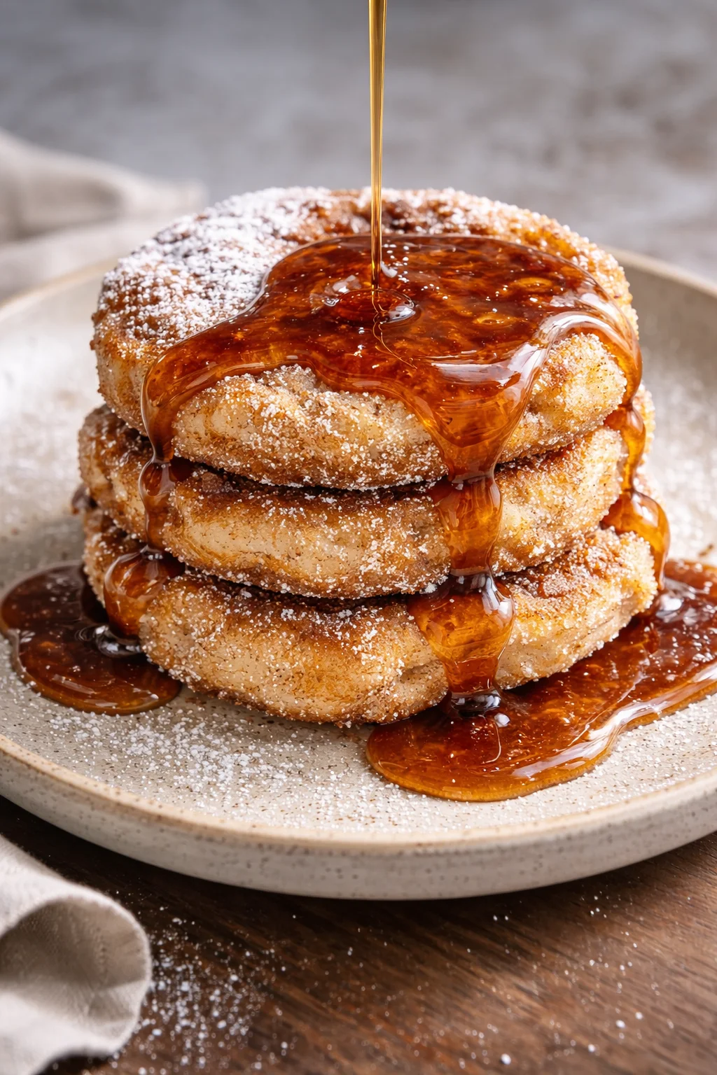 Stack of churro pancakes dusted with cinnamon sugar and drizzled with chocolate