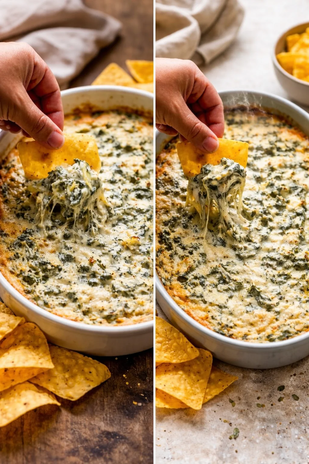 Delicious homemade spinach artichoke dip served in a rustic bowl.