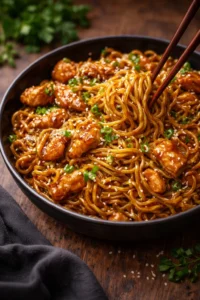 Sticky Garlic Chicken Noodles dish with vibrant sauce and toppings