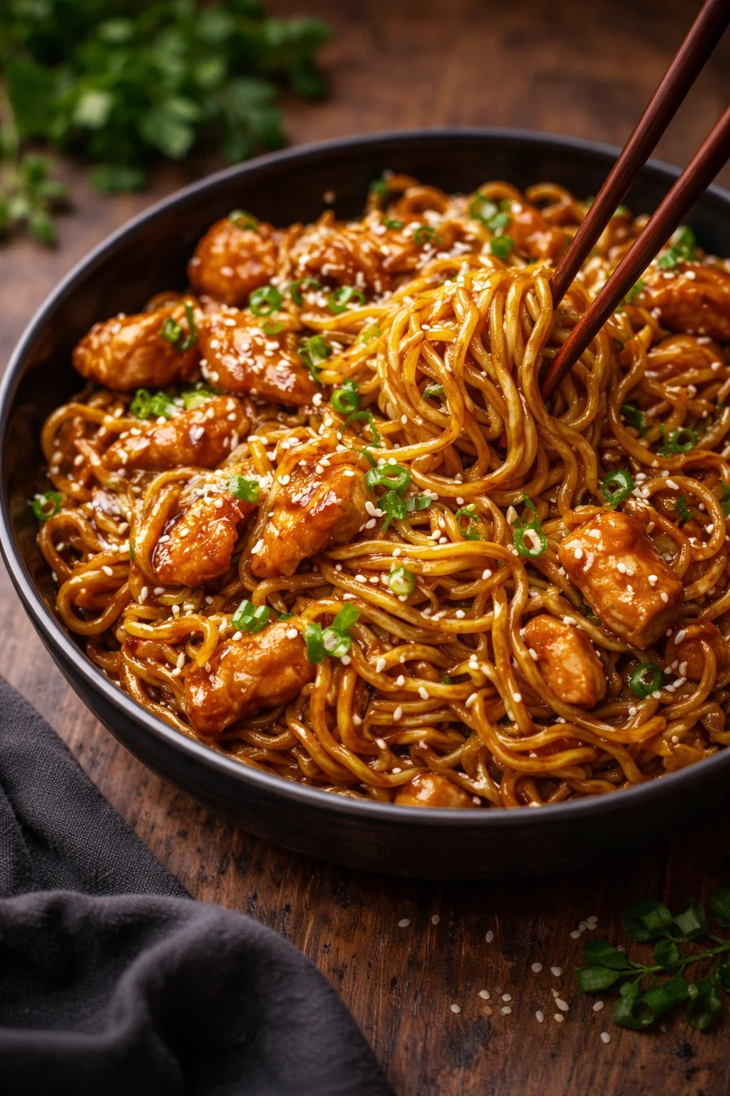 Sticky Garlic Chicken Noodles dish with vibrant sauce and toppings