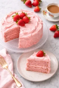 Freshly baked strawberry cake topped with strawberries and whipped cream