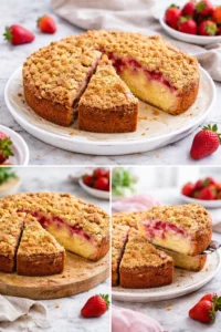 Homemade strawberry crumble cake with fresh strawberries and crumble topping.