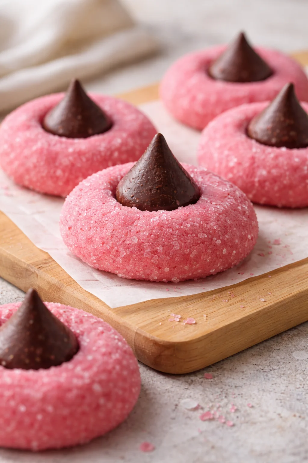 Delicious Strawberry Kiss Cookies topped with chocolate and fresh strawberries