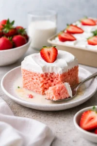 Delicious Strawberry Three Milks Cake with fresh strawberries and creamy layers