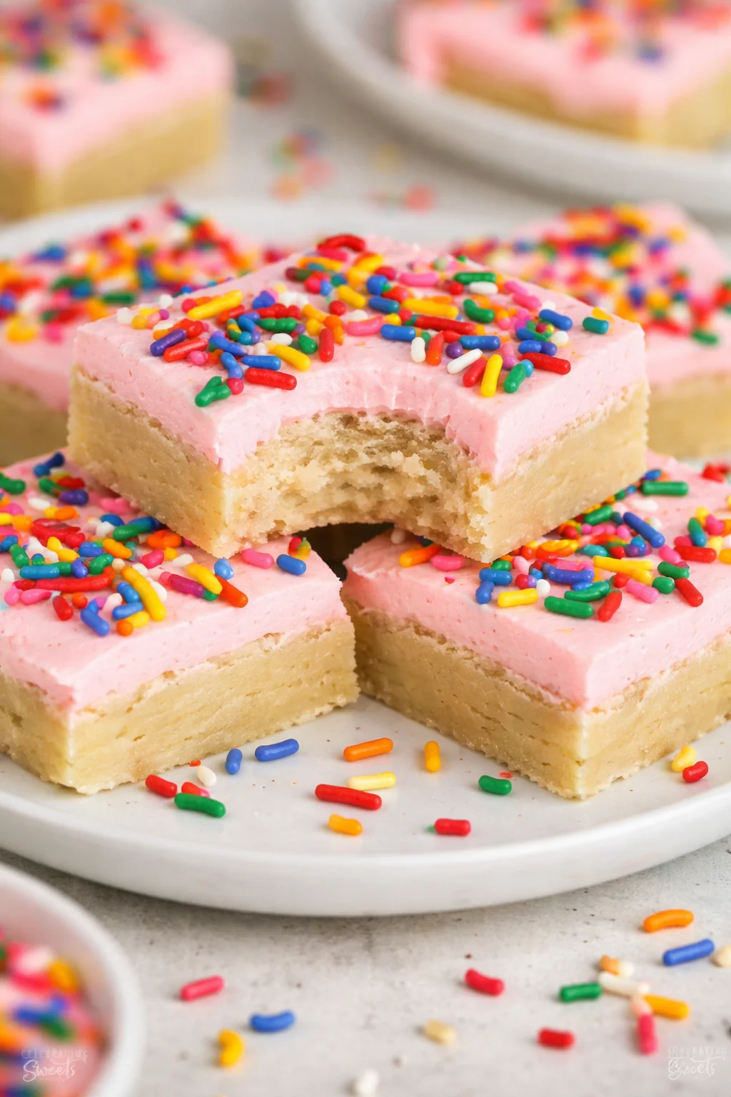 Delicious homemade Sugar Cookie Bars on a plate decorated with sprinkles