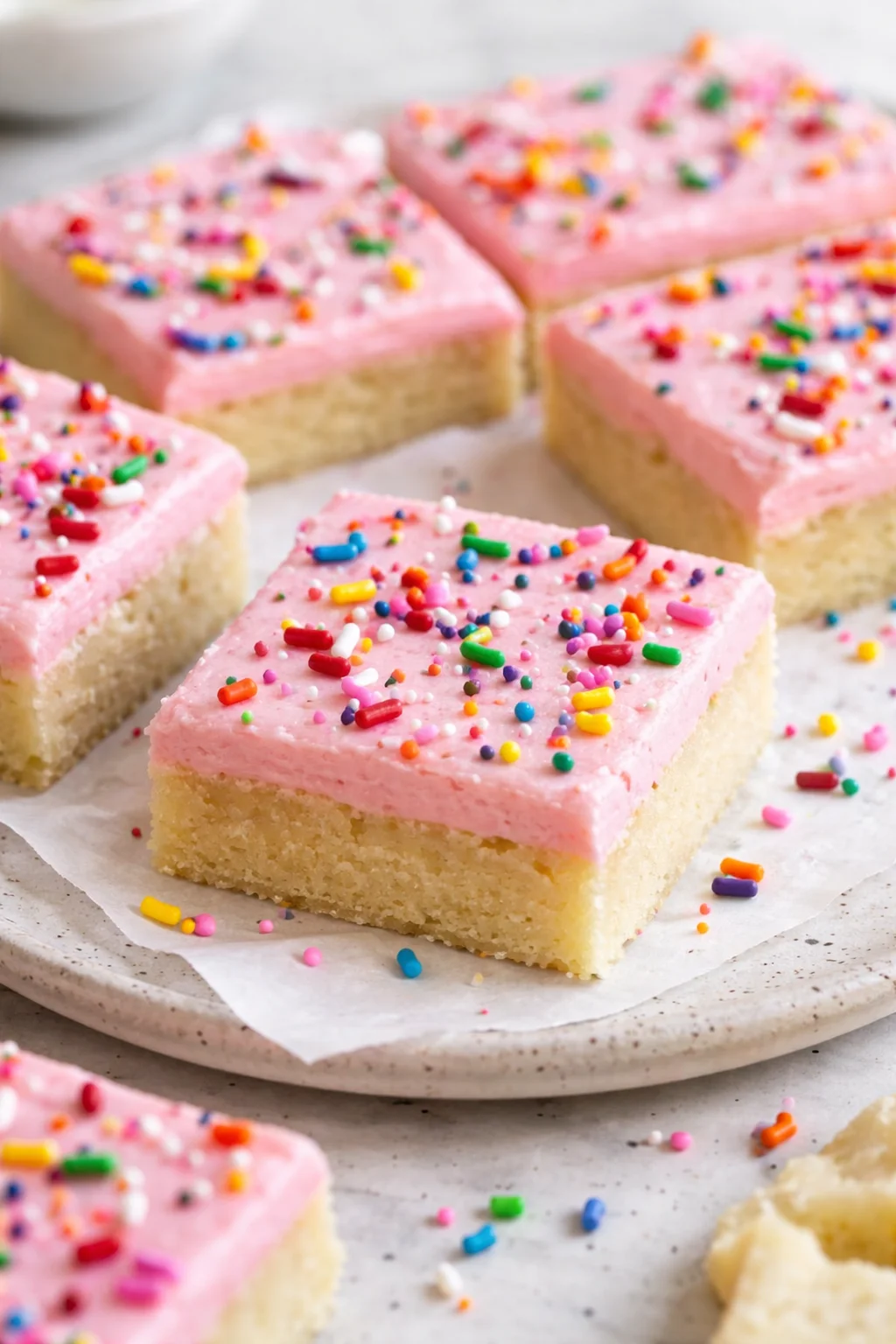 Delicious sugar cookie bars topped with colorful sprinkles on a white plate.