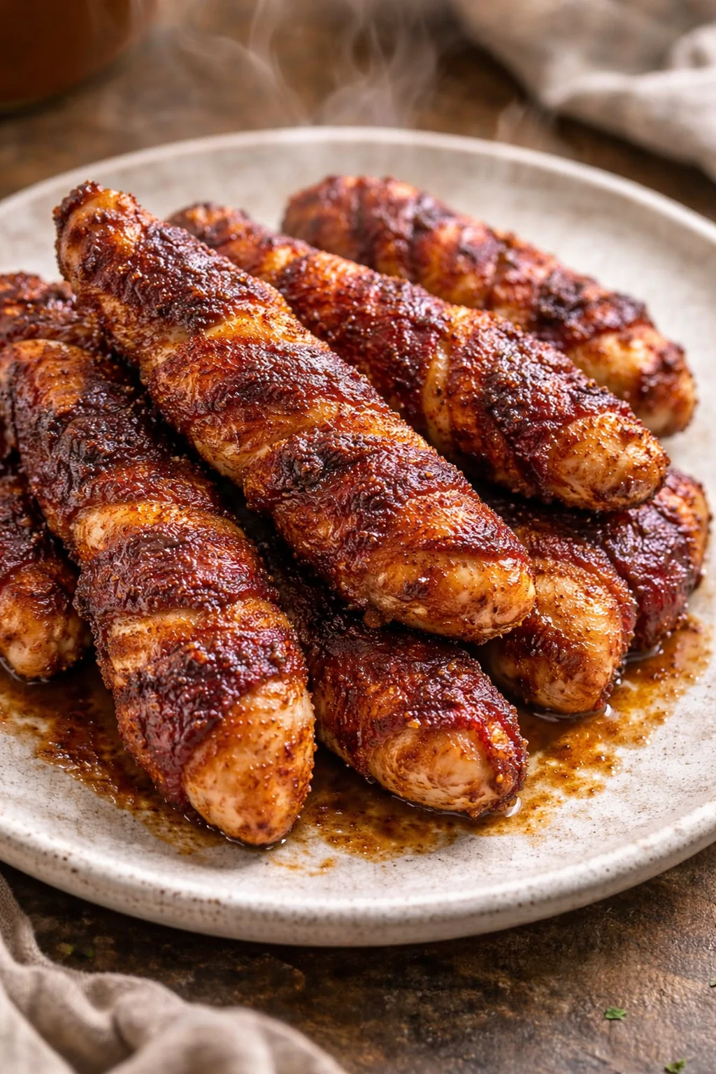 Sweet and Spicy Bacon Wrapped Chicken Tenders on a plate