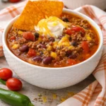 Bowl of colorful Taco Soup topped with cheese and cilantro