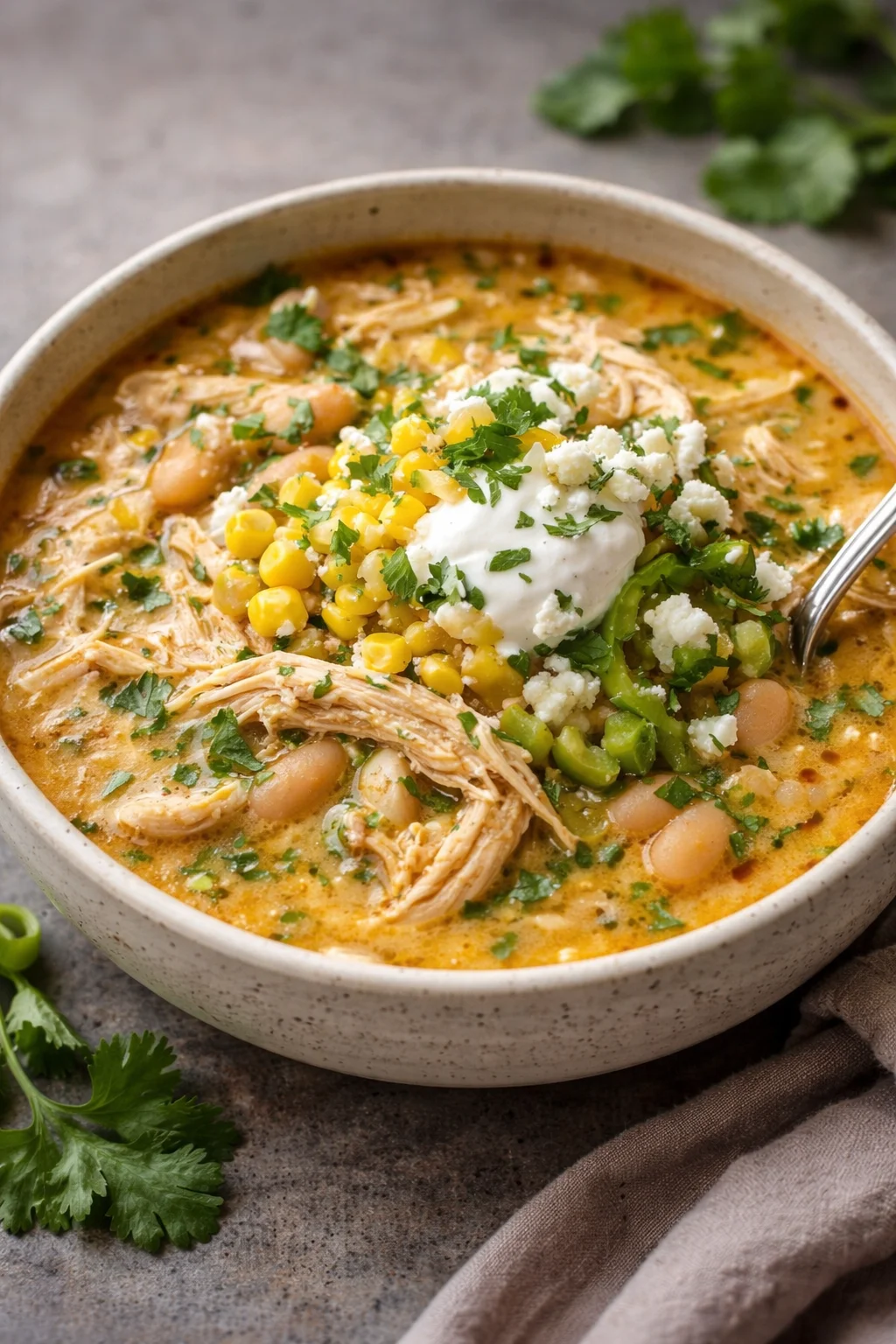 Delicious white chicken chili served in a bowl with toppings.