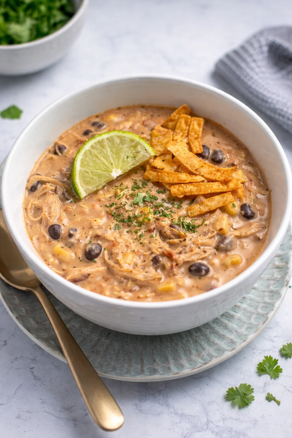 Delicious bowl of white chicken chili topped with cream cheese and cilantro