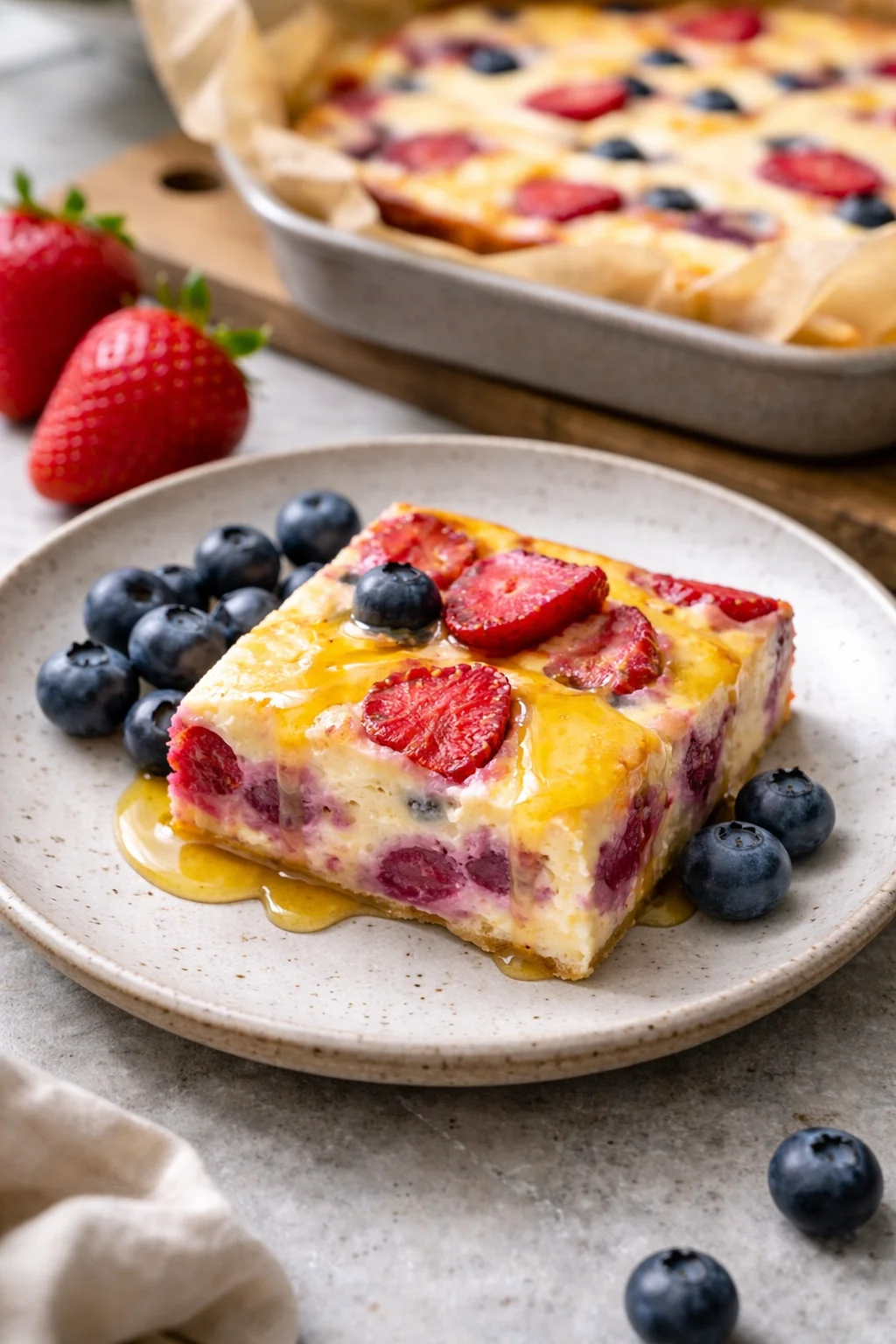 Delicious baked yogurt dessert topped with fruits and nuts