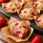 Bakery-style strawberry muffins topped with juicy strawberries.