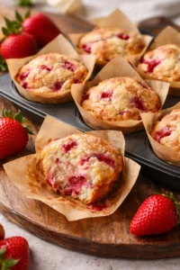 Bakery-style strawberry muffins topped with juicy strawberries.