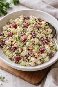 Delicious and healthy best chicken salad served in a bowl with fresh ingredients.