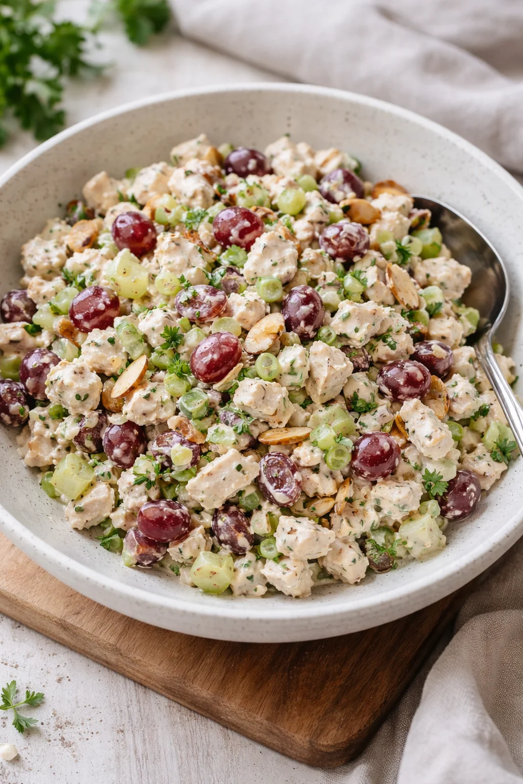 Delicious and healthy best chicken salad served in a bowl with fresh ingredients.