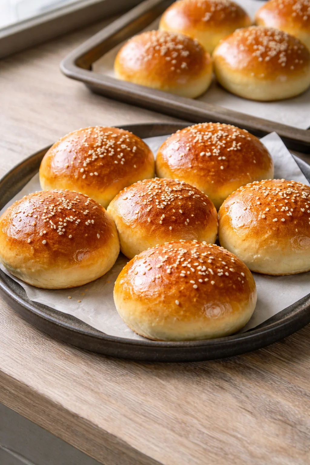 Freshly baked fluffy burger buns ready for grilling and assembling delicious burgers.