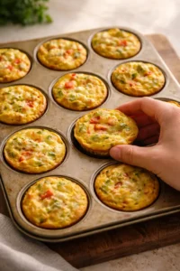 Freshly baked breakfast egg muffins with vegetables and cheese
