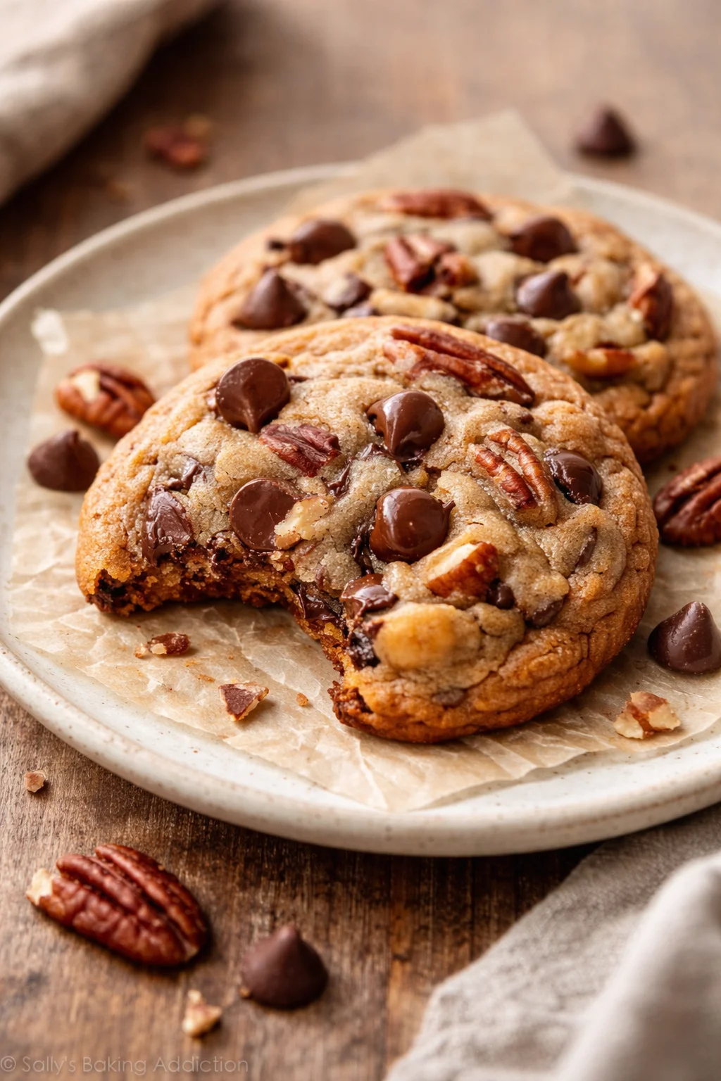 Browned butter pecan chocolate chip cookies on a cooling rack
