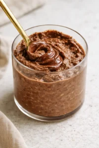 Brownie batter overnight oats in a jar with chocolate toppings.