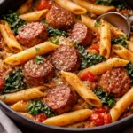 Delicious Cajun Sausage Pasta garnished with herbs in a bowl