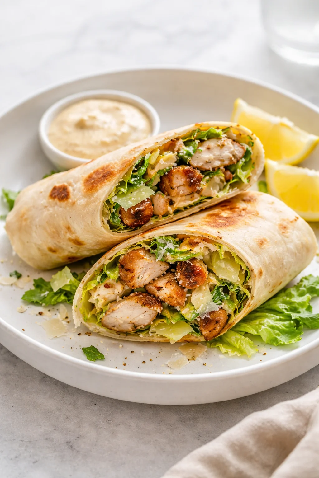 Chicken Caesar Wrap with grilled chicken, romaine lettuce, and Caesar dressing