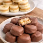 Delicious Chocolate Banana Peanut Butter Bites stacked on a plate.