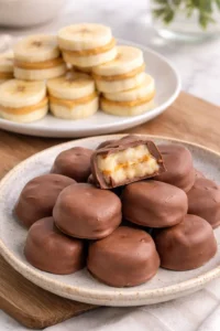 Delicious Chocolate Banana Peanut Butter Bites stacked on a plate.