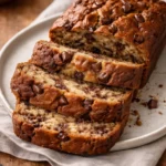 Delicious slice of chocolate chip banana bread on a wooden table