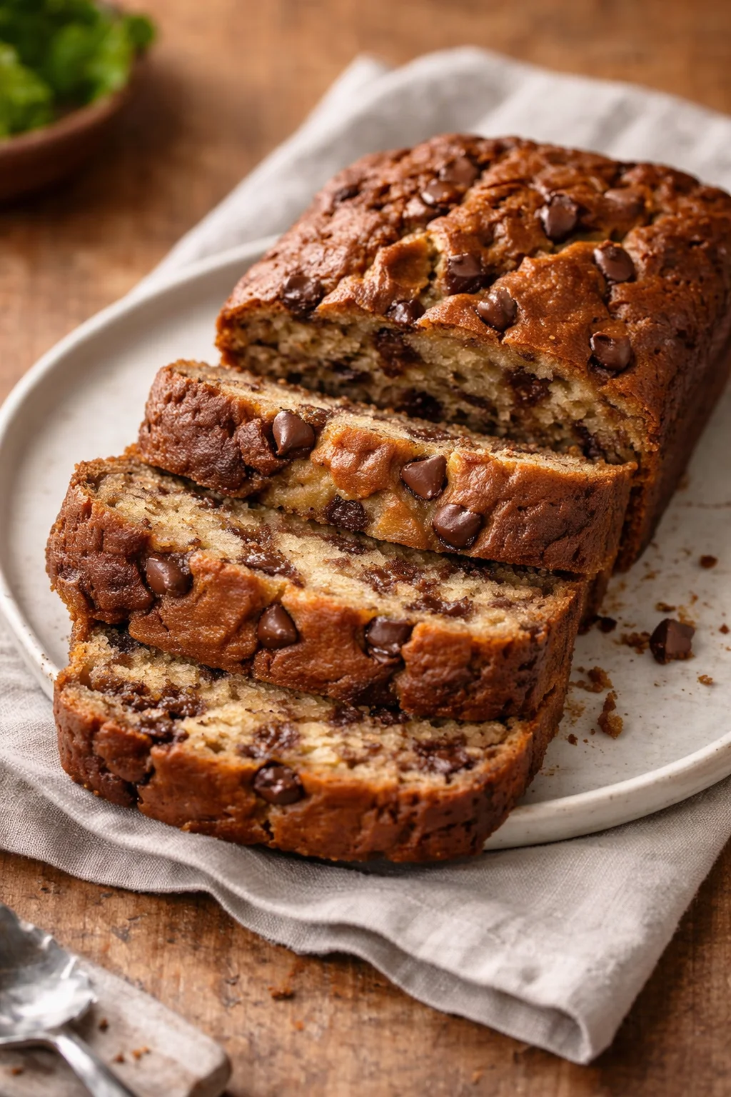 Delicious slice of chocolate chip banana bread on a wooden table