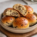 Freshly baked chocolate chip milk buns on a cooling rack.