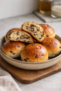 Freshly baked chocolate chip milk buns on a cooling rack.