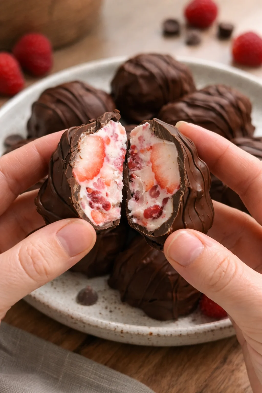 Chocolate Strawberry Yogurt Clusters with fresh strawberries and chocolate drizzle