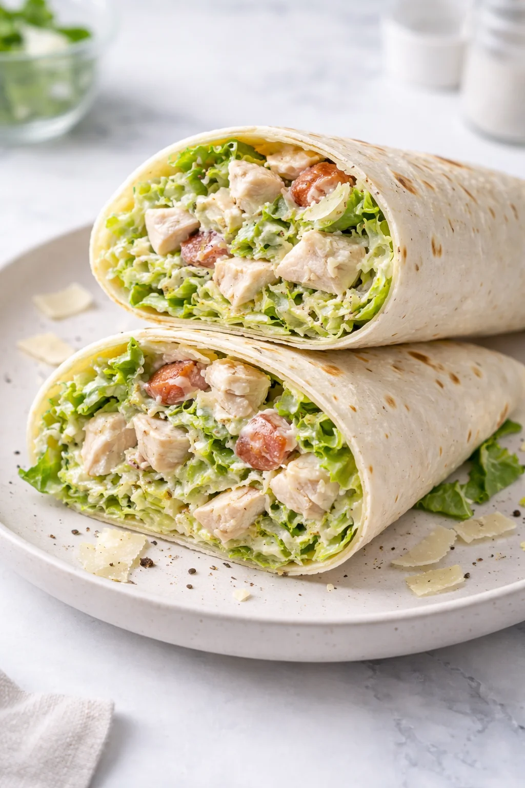 Chopped Chicken Caesar Salad Wrap with fresh ingredients and Caesar dressing