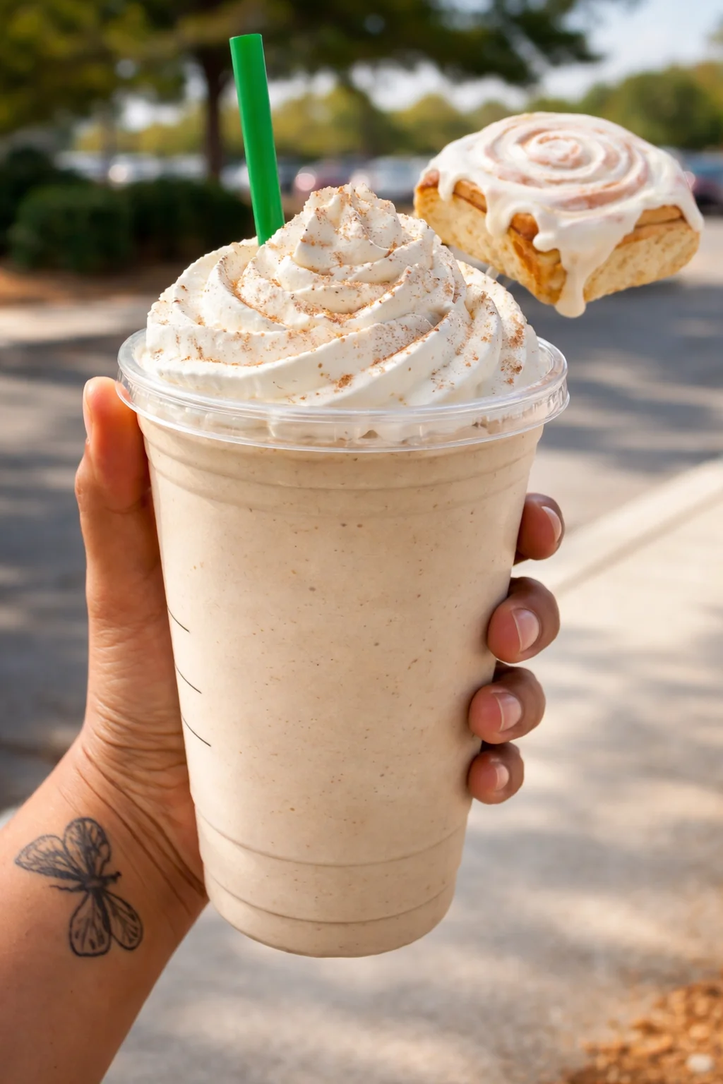 Cinnamon Roll Frappuccino topped with whipped cream and cinnamon
