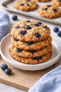Plate of classic blueberry oatmeal cookies fresh from the oven