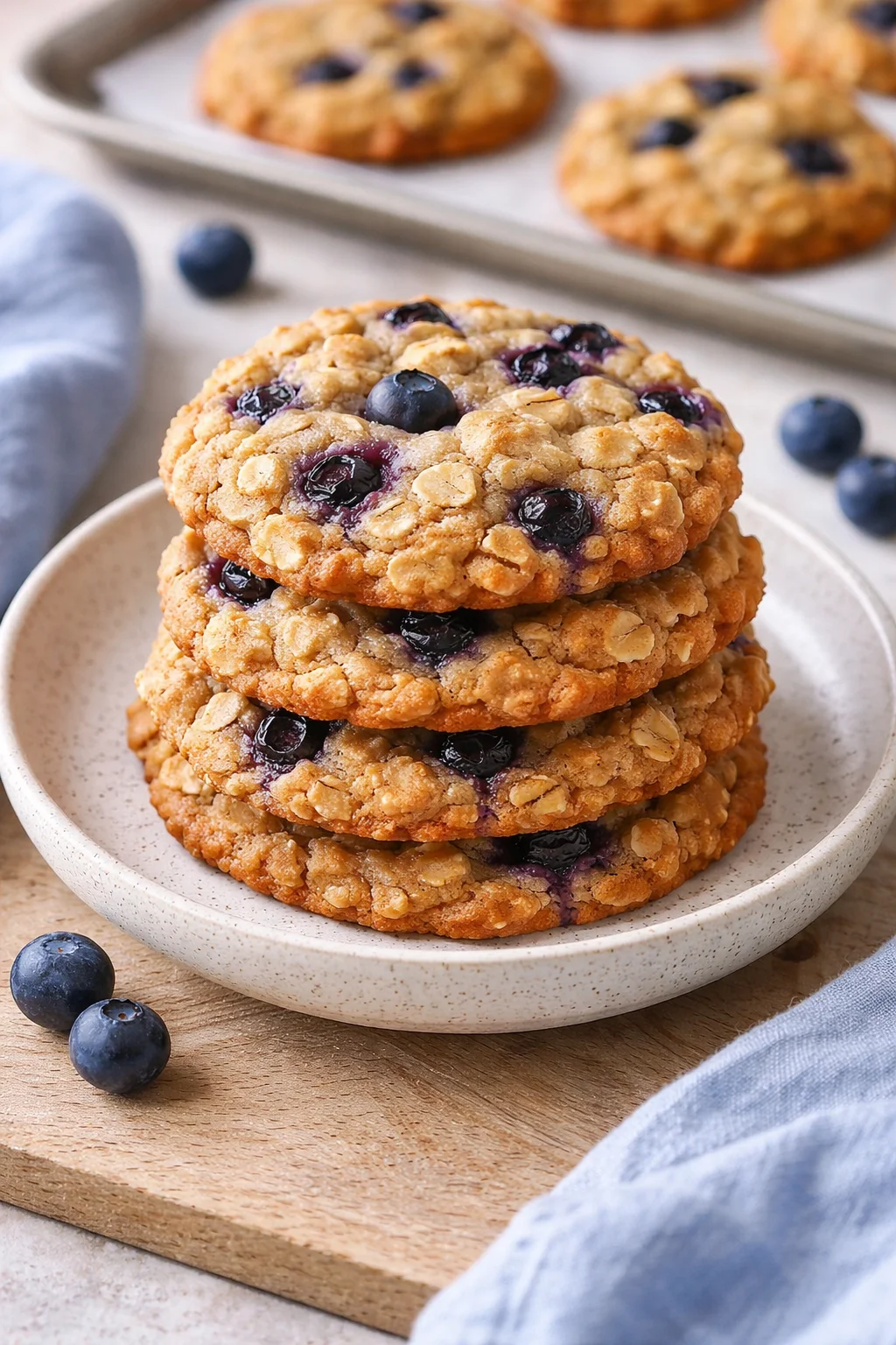 Plate of classic blueberry oatmeal cookies fresh from the oven