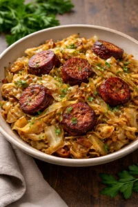 Classic fried cabbage dish with sausage, prepared in a skillet.