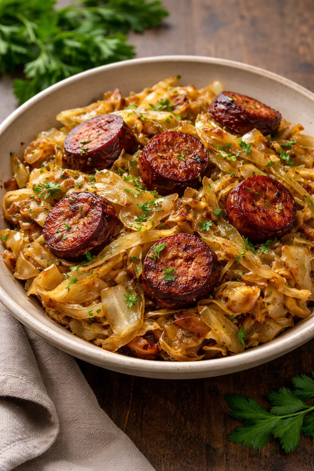 Classic fried cabbage dish with sausage, prepared in a skillet.