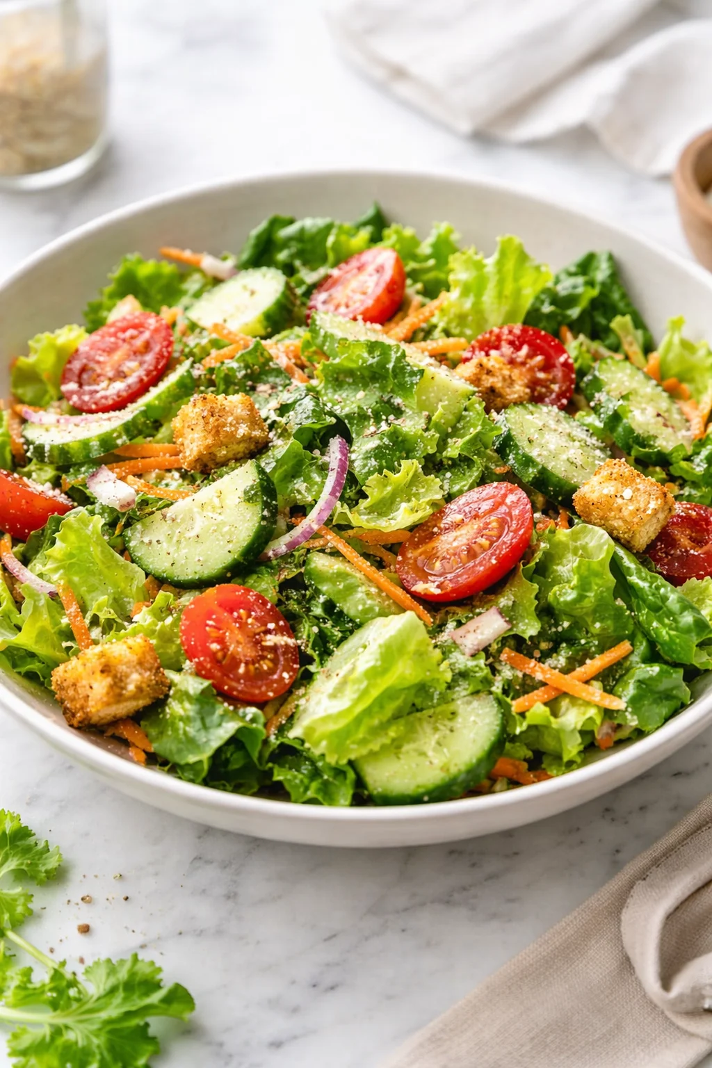 Classic house salad with fresh greens and colorful vegetables