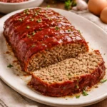 Delicious classic meatloaf served with mashed potatoes and green beans