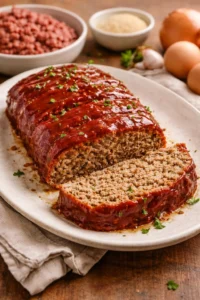 Delicious classic meatloaf served with mashed potatoes and green beans