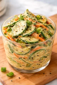 Creamy Asian cucumber salad bowl with fresh ingredients and vibrant colors