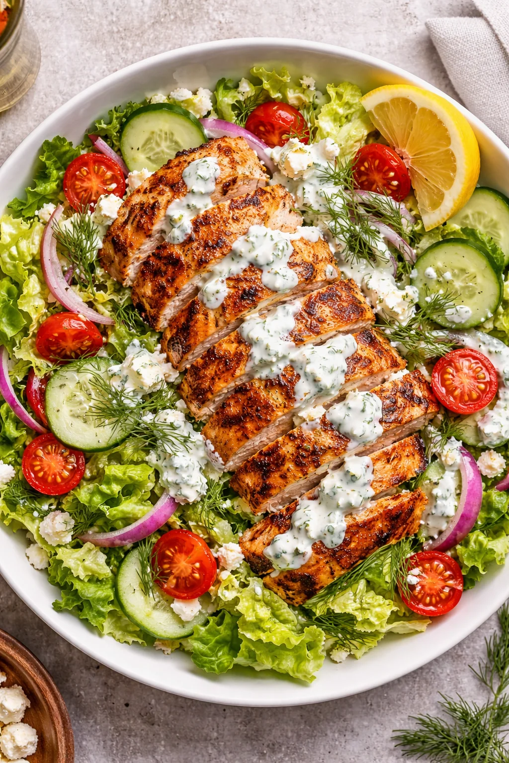 Crispy Greek Tzatziki Chicken Salad with fresh vegetables and herbs